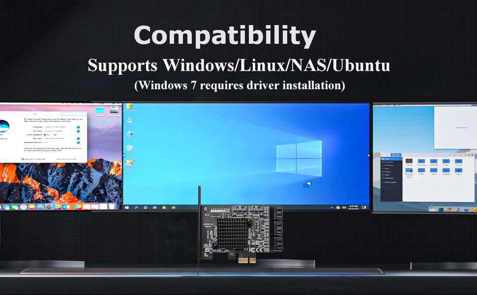 Text reads 'Compatibility' and 'Supports Windows/Linux/MAC/Ubuntu (Windows 7 requires driver installation)'. Multiple screenshots of operating system interfaces.