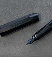Close-up shots of a black fountain pen nib and barrel against a gray background, showing detailed views of the writing tip.