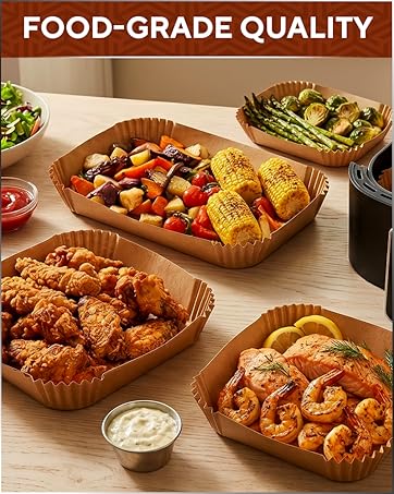 Food-grade disposable air fryer liners for cooking a variety of meals.