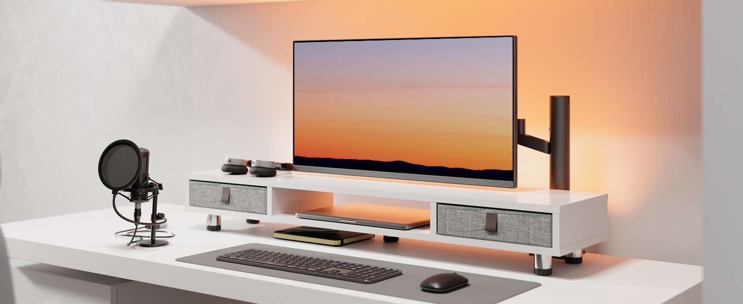 Fenge Dual Monitor Stand with 2 Drawers - Adjustable Height Computer Stand