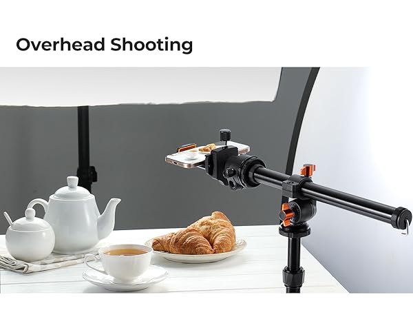 Text reads 'Overhead Shooting'. Product photography setup showing camera equipment mounted above a table with food items and white dishes.