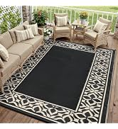 PureCozy Outdoor Plastic Straw Rug Black Large Outside Waterproof Outdoor Patio 10x14 Carpet Geom...