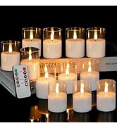 VIODAIM Clear Glass Flameless Votive Candles: Battery Operated LED Flickering Pillar Votive Candl...
