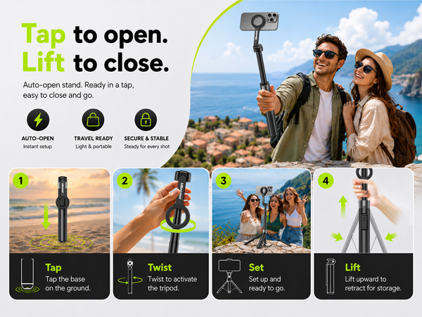 Tap to open, Lift to close.