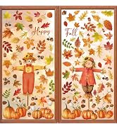 Fall Window Clings, 168Pcs Hello Fall Maple Leaves Scarecrow Window Decals Stickers for Autumn Ha...