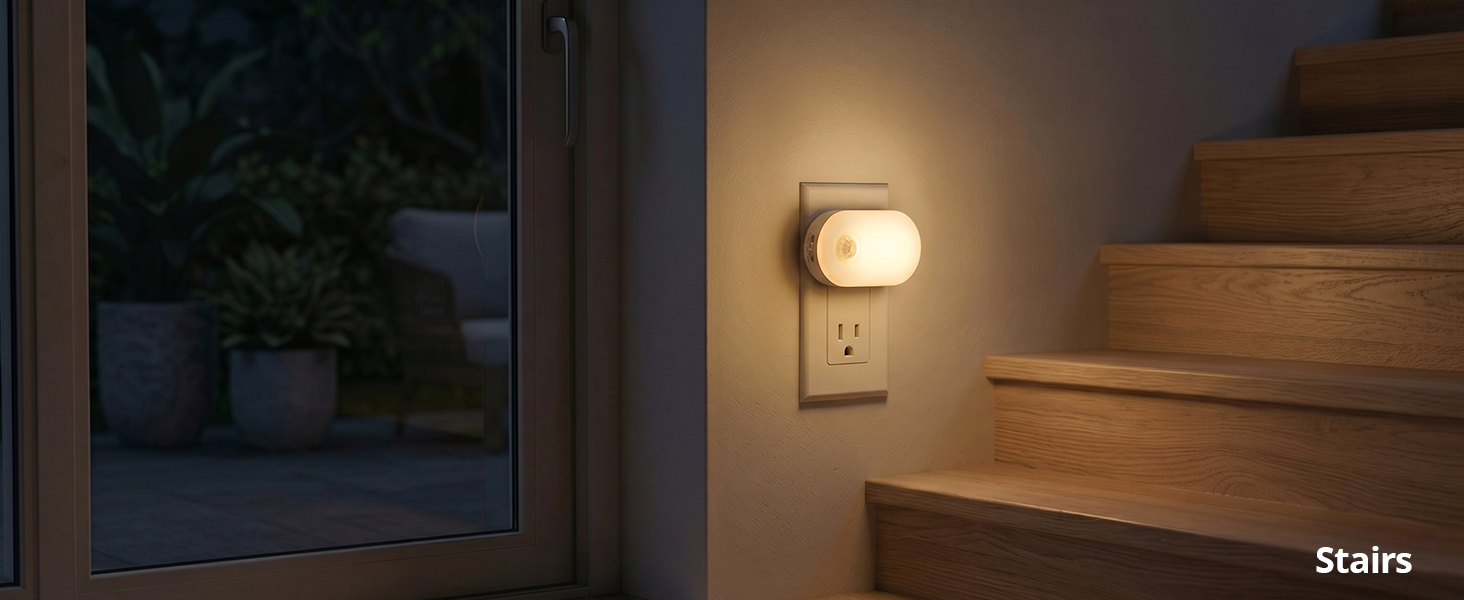 Plug-in indoor step light ensuring safe stair navigation.