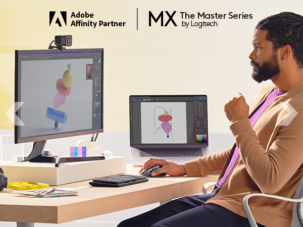 A man working on computer using mx master 3s mouse and mx mechanical mini keyboard
