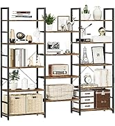 NUMENN Triple Wide 5 Tier Bookshelf, Rustic Industrial Style Bookcases and Bookshelves with 14 Op...