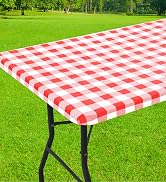 smiry Rectangle Table Cloth Cover, Elastic Waterproof Fitted Vinyl Table Covers for 6 FT Tables, ...