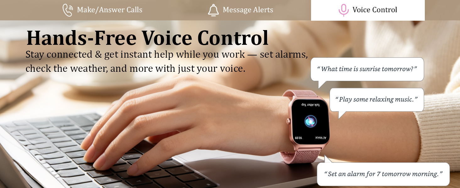 Text reads 'Hands-Free Voice Control' and 'Control it all from your wrist while you check the weather and stores with just your voice.' Smartwatch on wrist displayed near keyboard with voice control interface indicators visible.