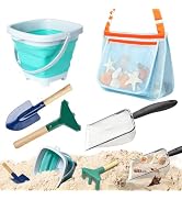LIDAGO 5 Pcs Sand Toys Beach Set Include 2 Metal Shovels,1 Foldable Beach Bucket & 1 Sand Sifter ...