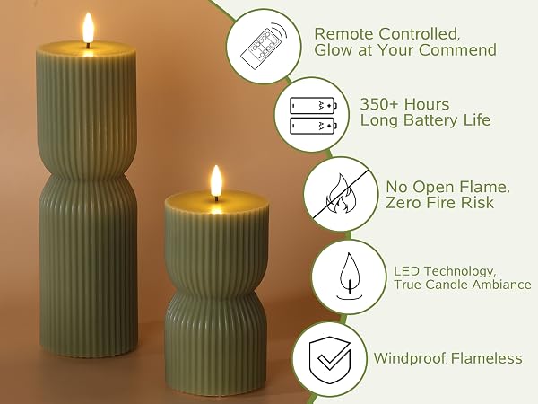 White Ribbed Flameless Pillar Candles