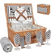 Wicker Picnic Basket for 4 with Large Insulated Cooler Compartment and Waterproof Picnic Blanket,...