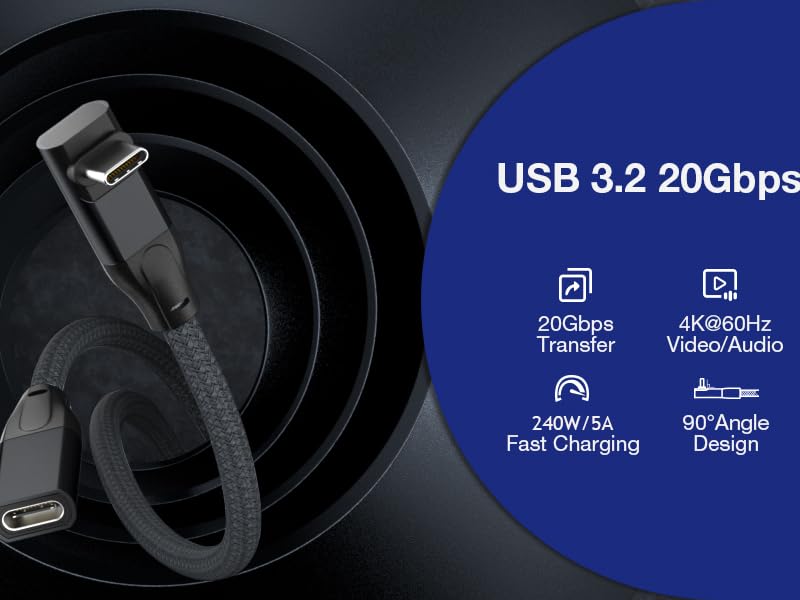 90 degree right angle usb c 3.2 extension cable 20gbps 4k@60hz 240w usb-c to magsafe 3 cable