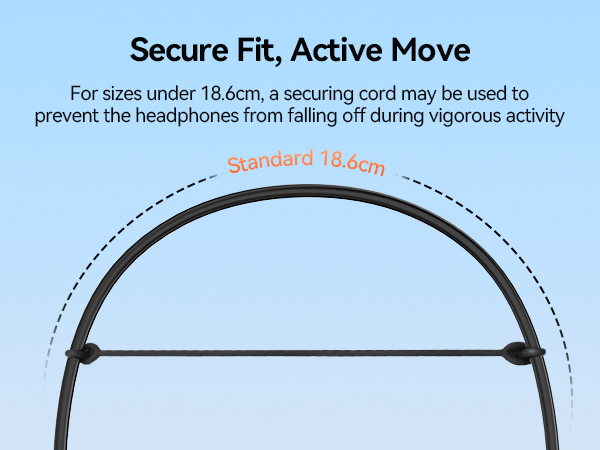 Text reads 'Secure Fit, Active Move'. Technical diagram showing headphone fit measurements with curved lines and dimensional indicators.