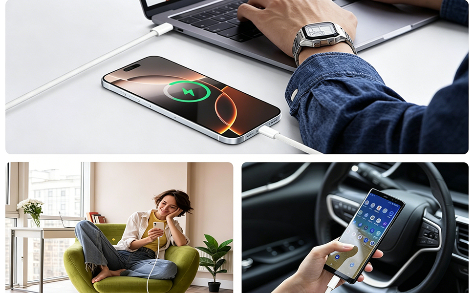 Composite showing smartphone with green charging indicator and smartwatch on wrist, demonstrating wireless device charging capability.