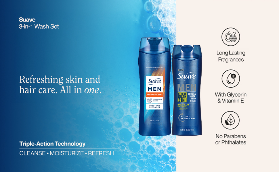 Suave Men Hydrating. + Citrus Rush Daily Clean Shampoo, Conditioner & Bodywash