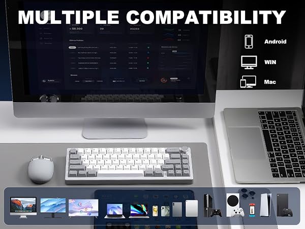 Text reads 'MULTIPLE COMPATIBILITY'. Desktop workspace setup showing multiple devices and screens with various operating system icons displayed.