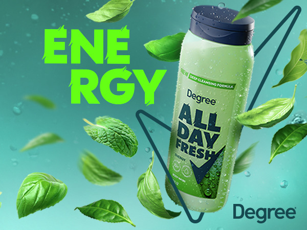 A green Degree Body Wash bottle surrounded by leaves with the text ENERGY in green