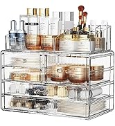 ZHIAI Clear Stripes Makeup Organizer for Vanity - Organize Your Beauty Essentials with Make Up Or...