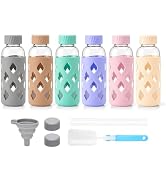 Zukro 16 oz Glass Water Bottles with Protective Silicone Sleeve 6 Pack | Leak Proof Stainless Ste...