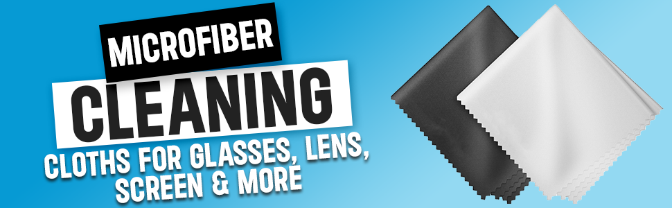 Text reads 'MICROFIBER CLEANING CLOTHS FOR GLASSES, LENS, SCREEN & DISPLAY'. Image shows gray and white microfiber cleaning cloths.