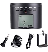 Electronic device with LCD screen showing '10S 270°'. Buttons for ON/OFF, Sec, Deg, Mode, Min. Includes accessories: mounting screw, camera mount, cable, and smartphone holder.