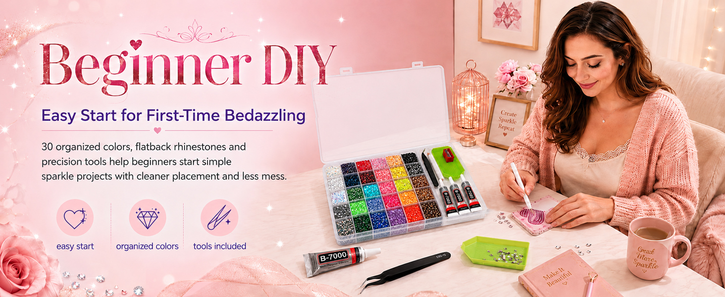 Beginner DIY bedazzling kit with 30 organized colors, flatback rhinestones