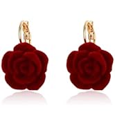 Vintage Flower Hoop Earrings for Women Girls 14K Gold Plated Hypoallergenic Red Velvet Rose Camel...