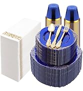 Bestluck 700PCS Clear Blue Plastic Plates for 100 Guests, Disposable Plates with Gold Trim Includ...