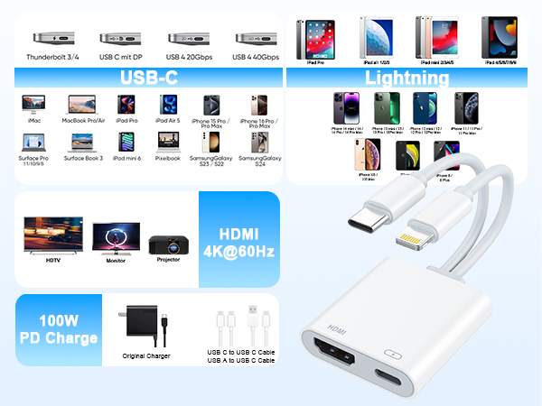 USB-C & Lightning to HDMI Adapter for iPhone