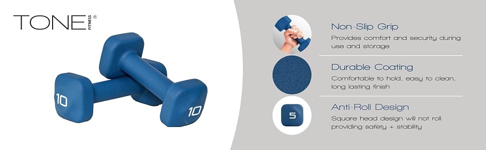 TONE Fitness 10lb dumbbell pair features- non slip grip, durable neoprene coating anti roll design