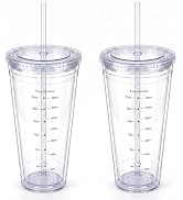 32oz Clear Reusable Plastic Cup with Lid & Straw Set of 2, Double Walled | BPA Free Wide Mouth Me...