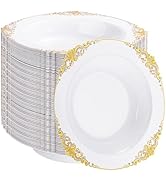 Joyido 100PCS Gold Plastic Bowls - 12 oz White Disposable Salad Bowls - Heavy Duty Disposable Sou...
