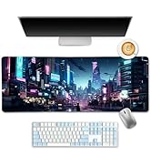 LIMKRIAN Cyberpunk Mouse Pad, Japanese Anime Cat Desk Mat Desk Pad, Neon Tokyo Extended Gaming Mo...