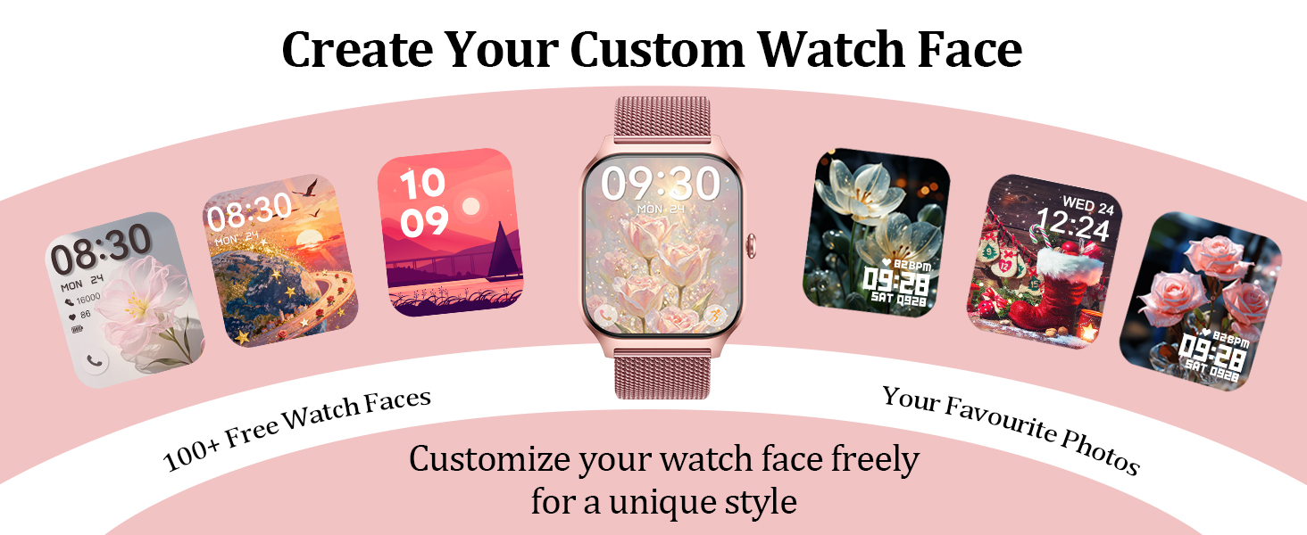 Text reads 'Create Your Custom Watch Face' and 'Customize your watch face freely for a unique style'. Pink smartwatch display showing customizable faces with photo options and presets.