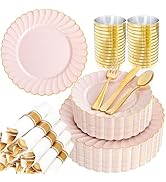 YOUBET 350PCS Pink Scalloped Plastic Plates - Pink and Gold Disposable Dinnerware Set Include 100...