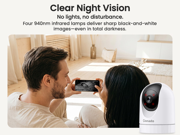 Parents smiling on phone: baby sleeps in dark nursery, clear B&W night vision