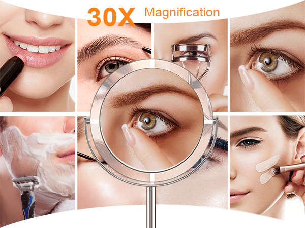 The 30X mirror's utility for detailed cosmetic tasks