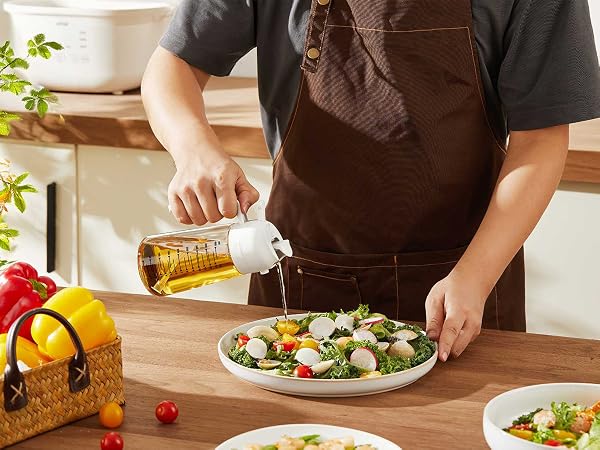 Series of images showing hands preparing and dressing a fresh salad with various ingredients and pouring dressing.