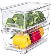 Brippo Pull-Out Fridge Organizer, 2-Pack Stackable Refrigerator Drawer Organizer Bins, Clear Vege...