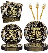 96Pcs 60th Happy Birthday Tableware Set Black Gold Disposable Paper Plates and Napkins with Forks...