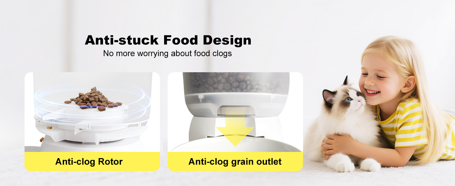 Darlipet cat feeders automatic cat food, Anti-stuck food design