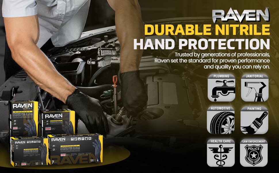 Mechanic in black nitrile gloves works under car hood with Raven glove boxes.