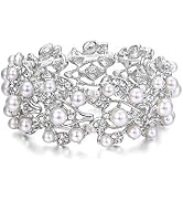 EVER FAITH Crystal Cream Simulated Pearl 1920's Style Leaf Wedding Prom Stretch Bracelet for Women