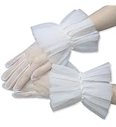 YAEISM White Wedding Gloves Short Ruffled Mesh Gloves Cuffs with Pearls Sheer Tulle Gloves Elegan...