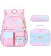ETAISHOW Pink 3Pcs Heart-Print Girls Backpack Set with Lunch Box for Elementary School Kids Bookb...