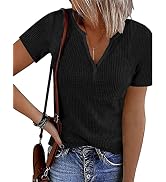 ANGGREK Women's Deep V Neck Short Sleeve T Shirt Summer Ribbed Knit Casual Solid Color Henley Shi...