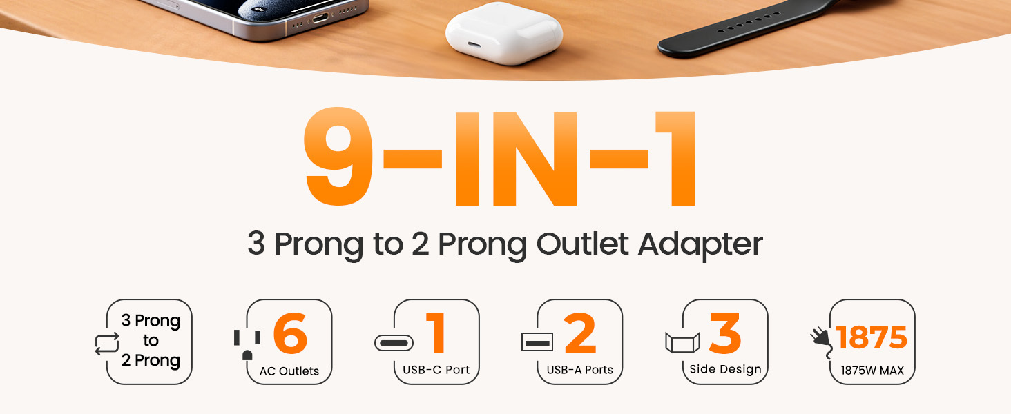 9-IN-1 2 to 3 Prong Outlet Adapter