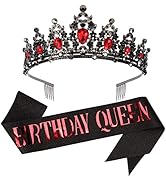 CAVETEE Red Black Birthday Crown and Sash for Women Sash & Rhinestone Tiara Set Red and Black Par...